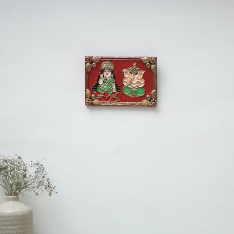 Laxmi & ganesha - handpainted clay art wall frame 05