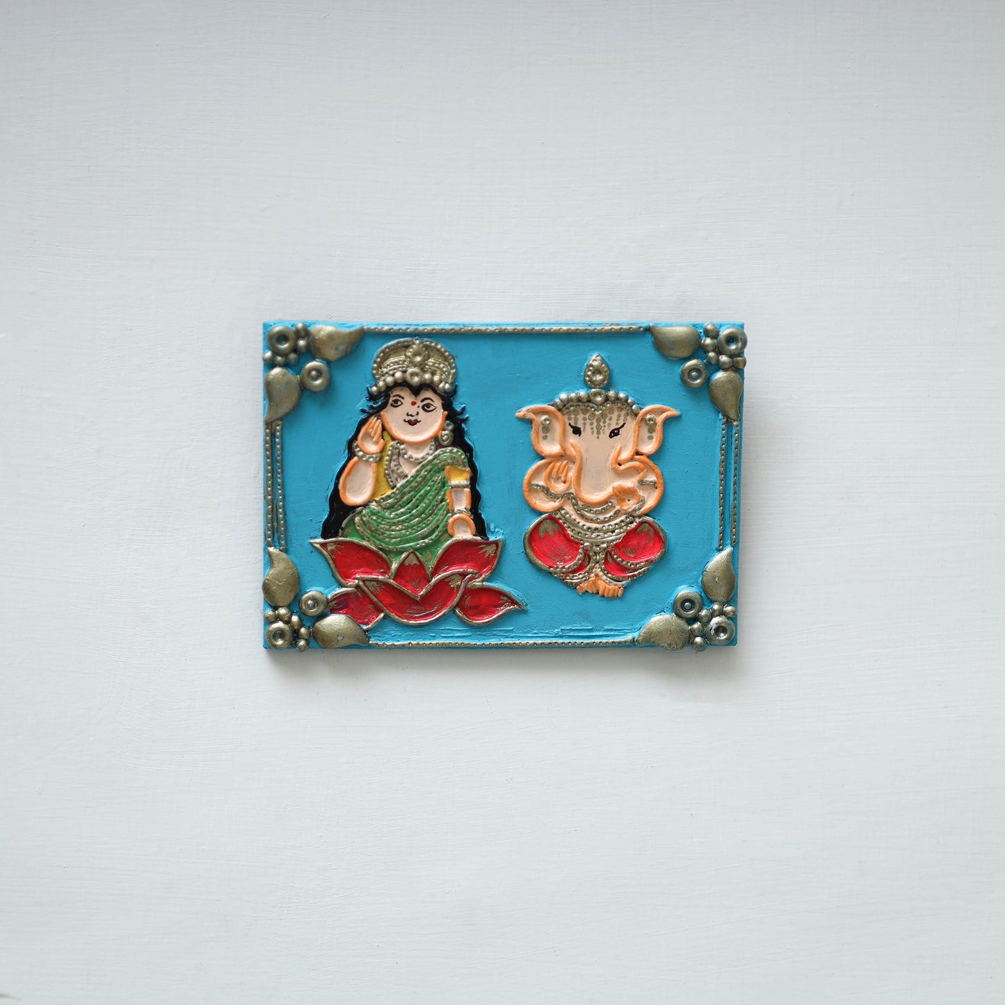 Laxmi & ganesha - handpainted clay art wall frame 06