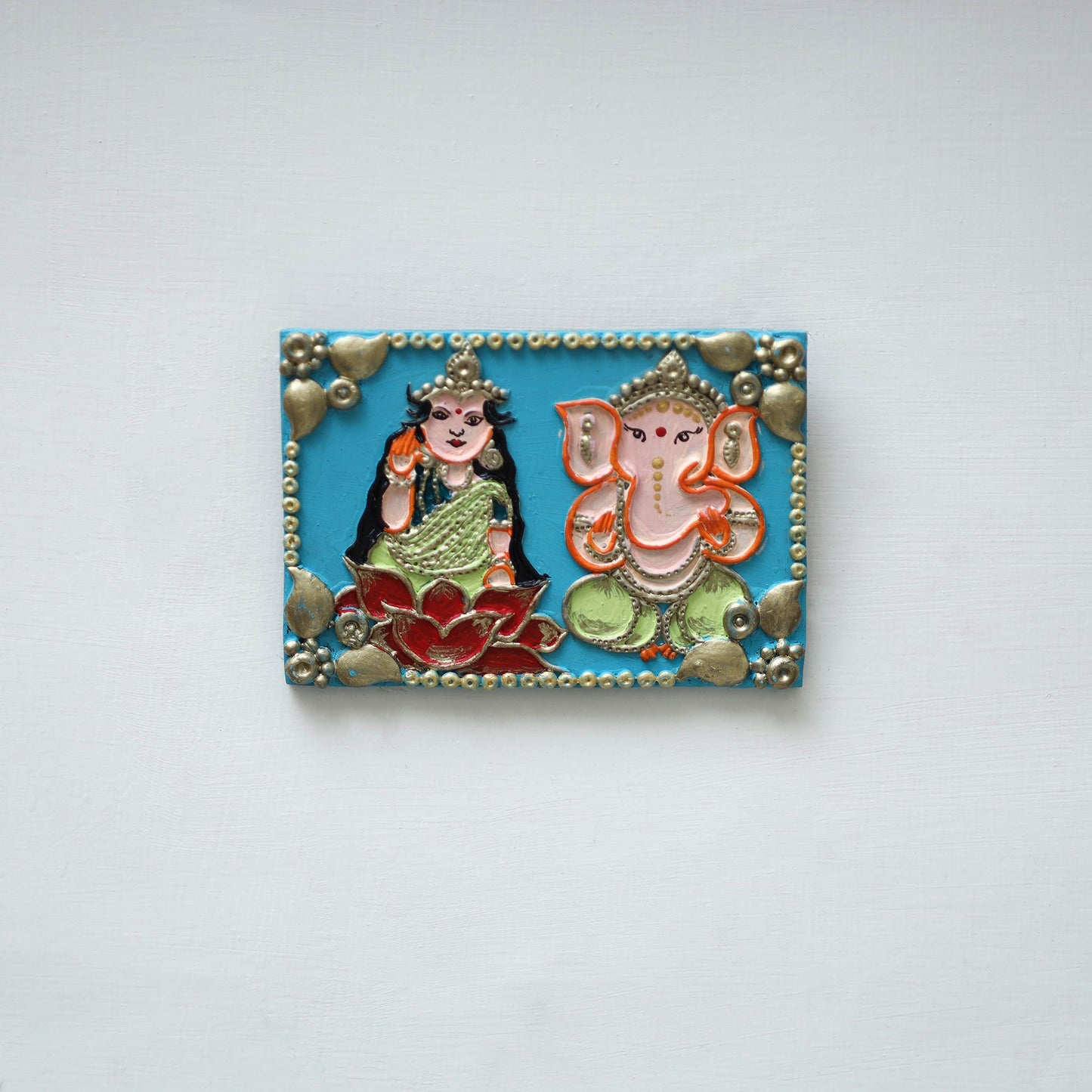 Laxmi & ganesha - handpainted clay art wall frame 07