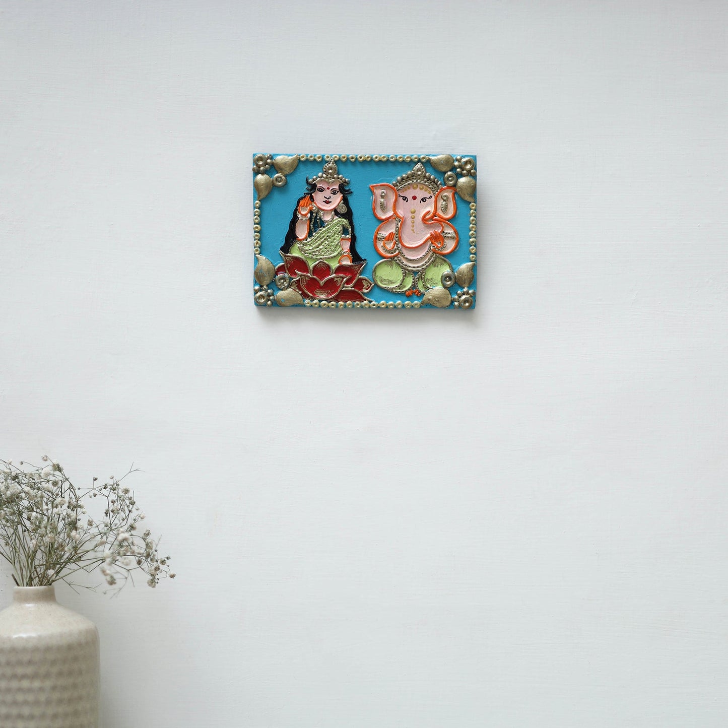 Laxmi & ganesha - handpainted clay art wall frame 07