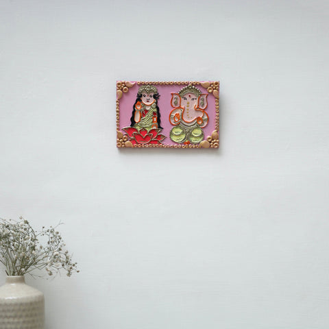 Laxmi & ganesha - handpainted clay art wall frame 08