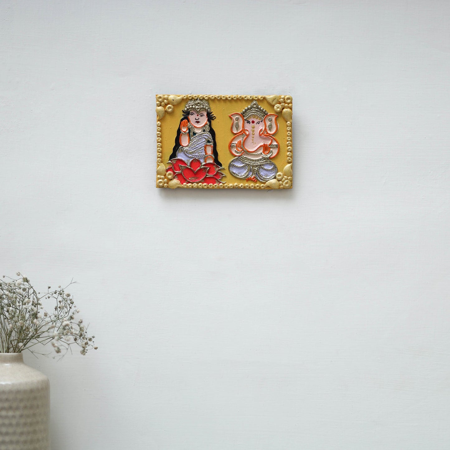 Laxmi & ganesha - handpainted clay art wall frame 10