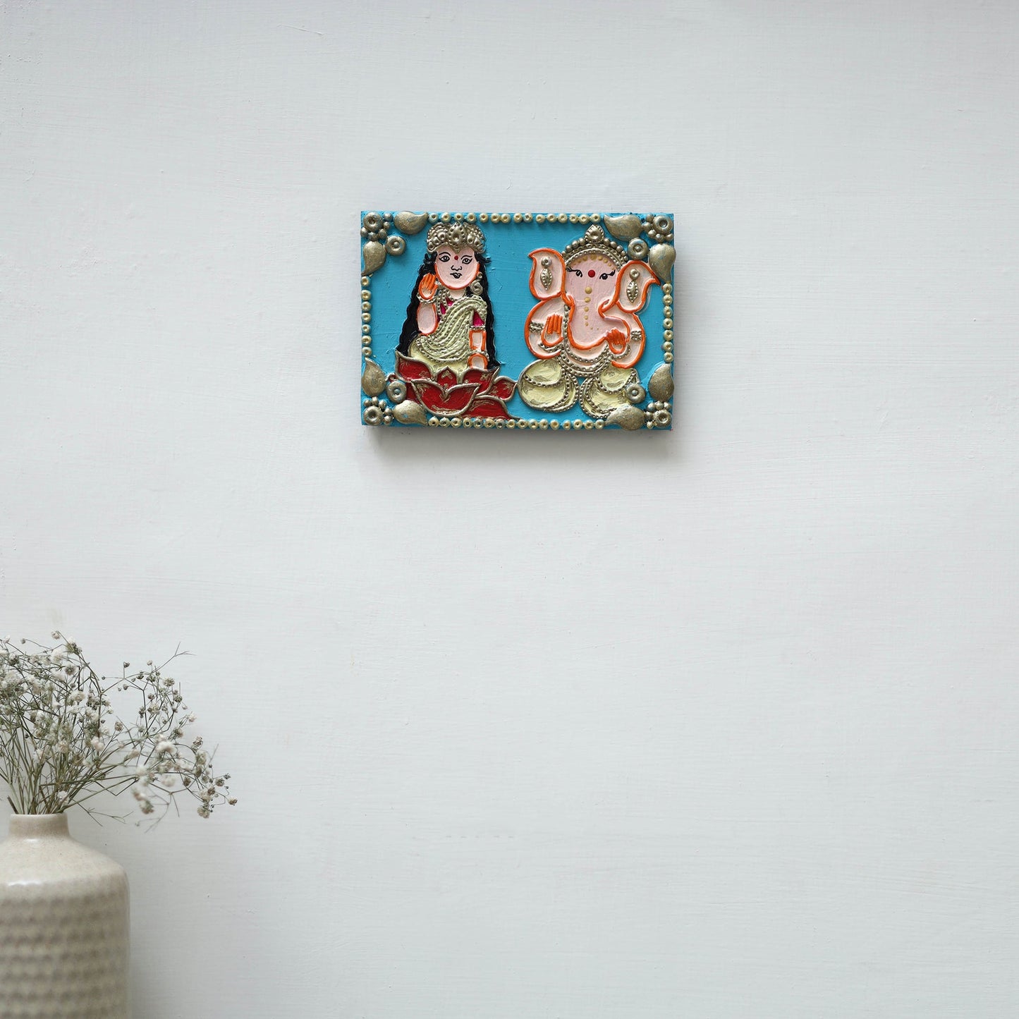 Laxmi & ganesha - handpainted clay art wall frame 12