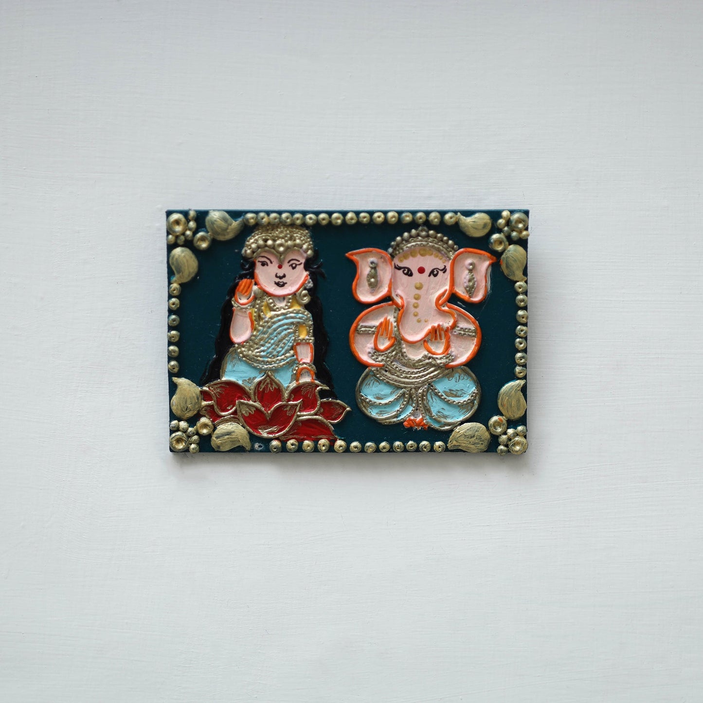 Laxmi & ganesha - handpainted clay art wall frame 14