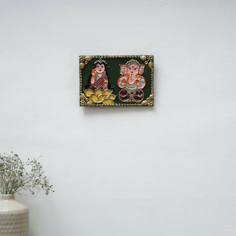 Laxmi & ganesha - handpainted clay art wall frame 16