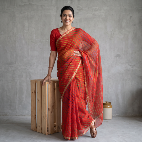 Red Leheriya Tie-Dye Kota Doria Silk Saree, draped and worn by a woman, AI visual of the saree, iTokri