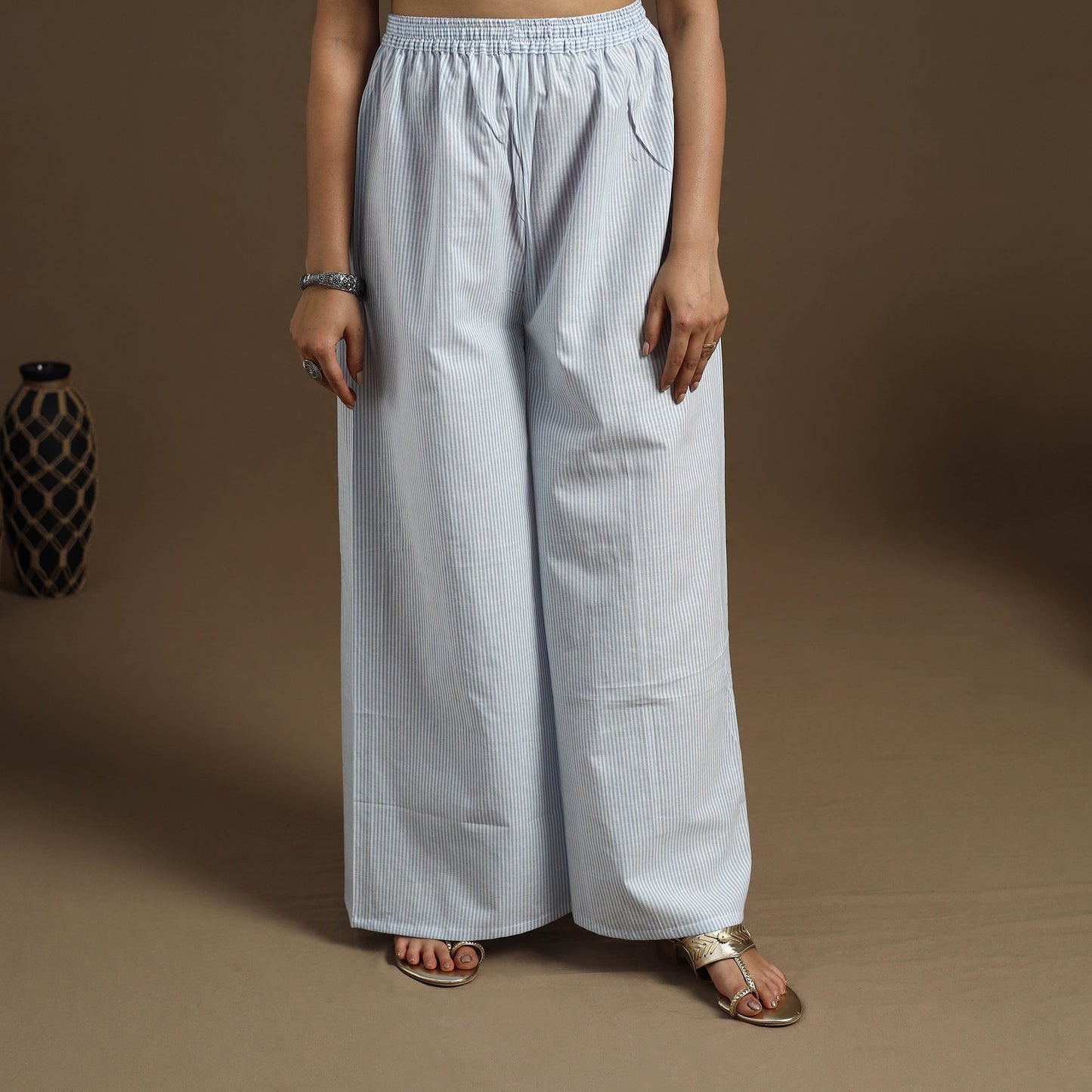  Cotton Light Blue Flared Plain Palazzo