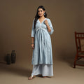 Light Blue Flared Cotton Lace Work Jacquard Kurta for Women