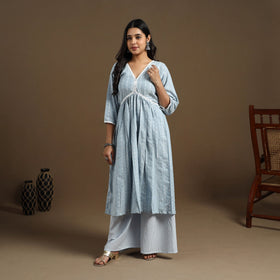 Light Blue Flared Cotton Lace Work Jacquard Kurta for Women