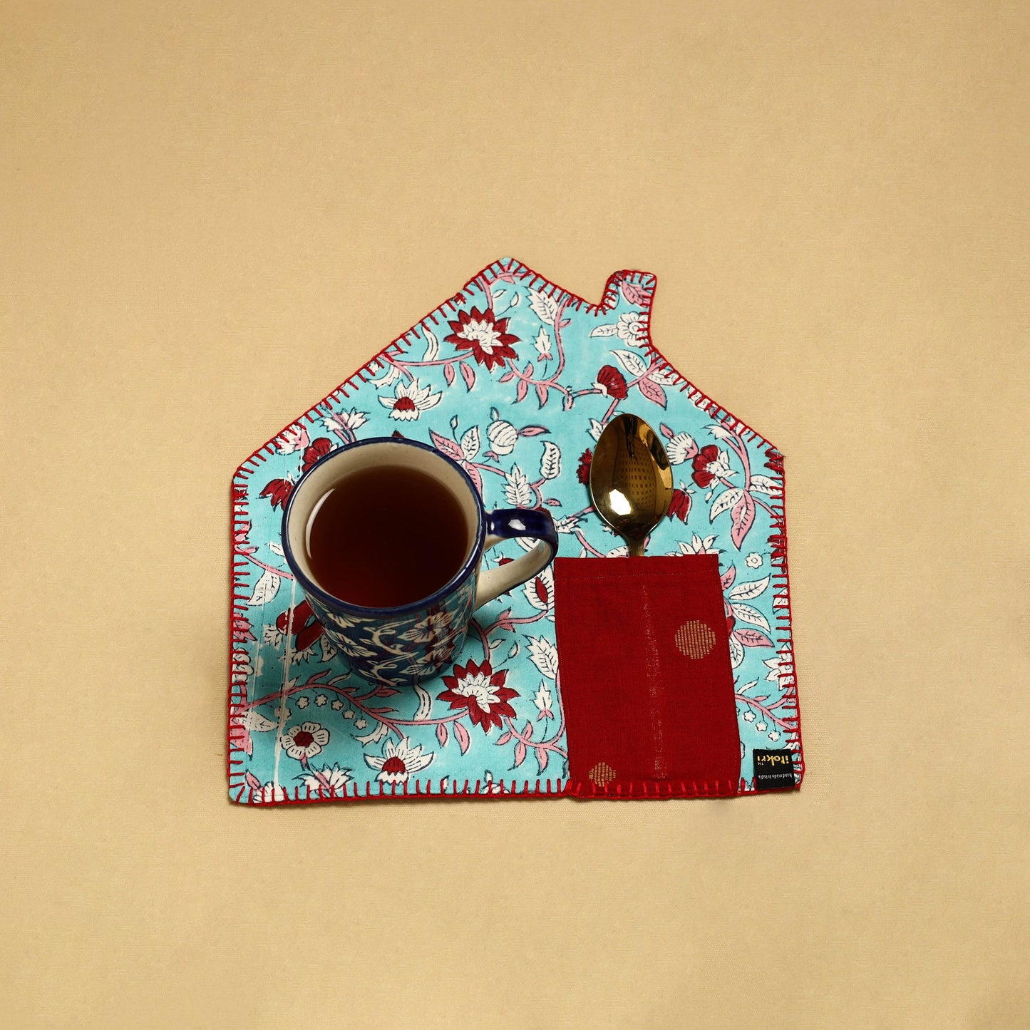 Light Blue Hand Embroidered Floral Pot Holder with Pocket 