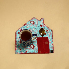 Light Blue Hand Embroidered Floral Pot Holder with Pocket 