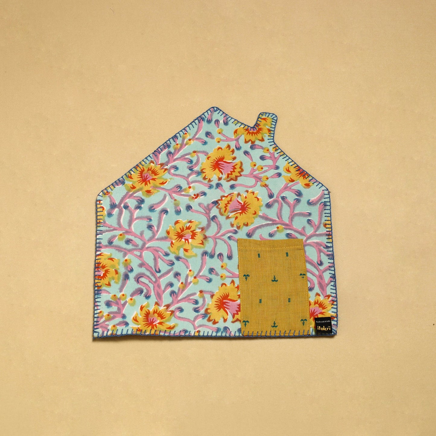 Light Blue Hand Embroidered Floral Pot Holder with Pocket 