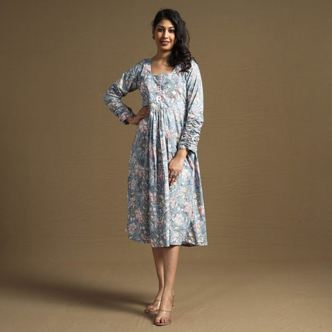 Buy Sanganeri Block Printed Cotton Flared Dress Online at iTokri.com