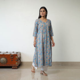  Blue Sanganeri Block Printed Mul Cotton A-Line Kurta for Women