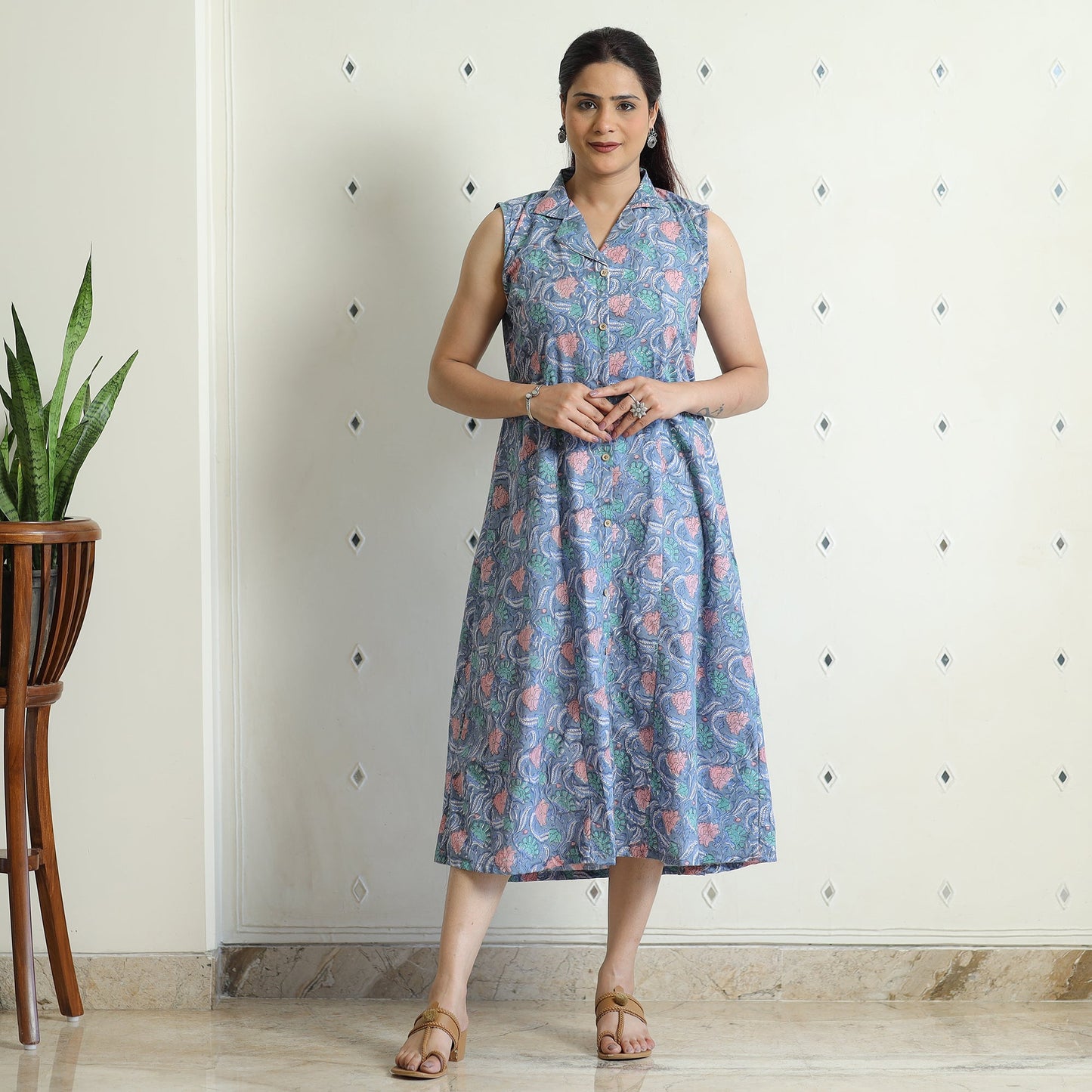  Sanganeri Block Printed Cotton Collared Neck Buttoned Down Dress 