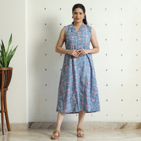  Sanganeri Block Printed Cotton Collared Neck Buttoned Down Dress 