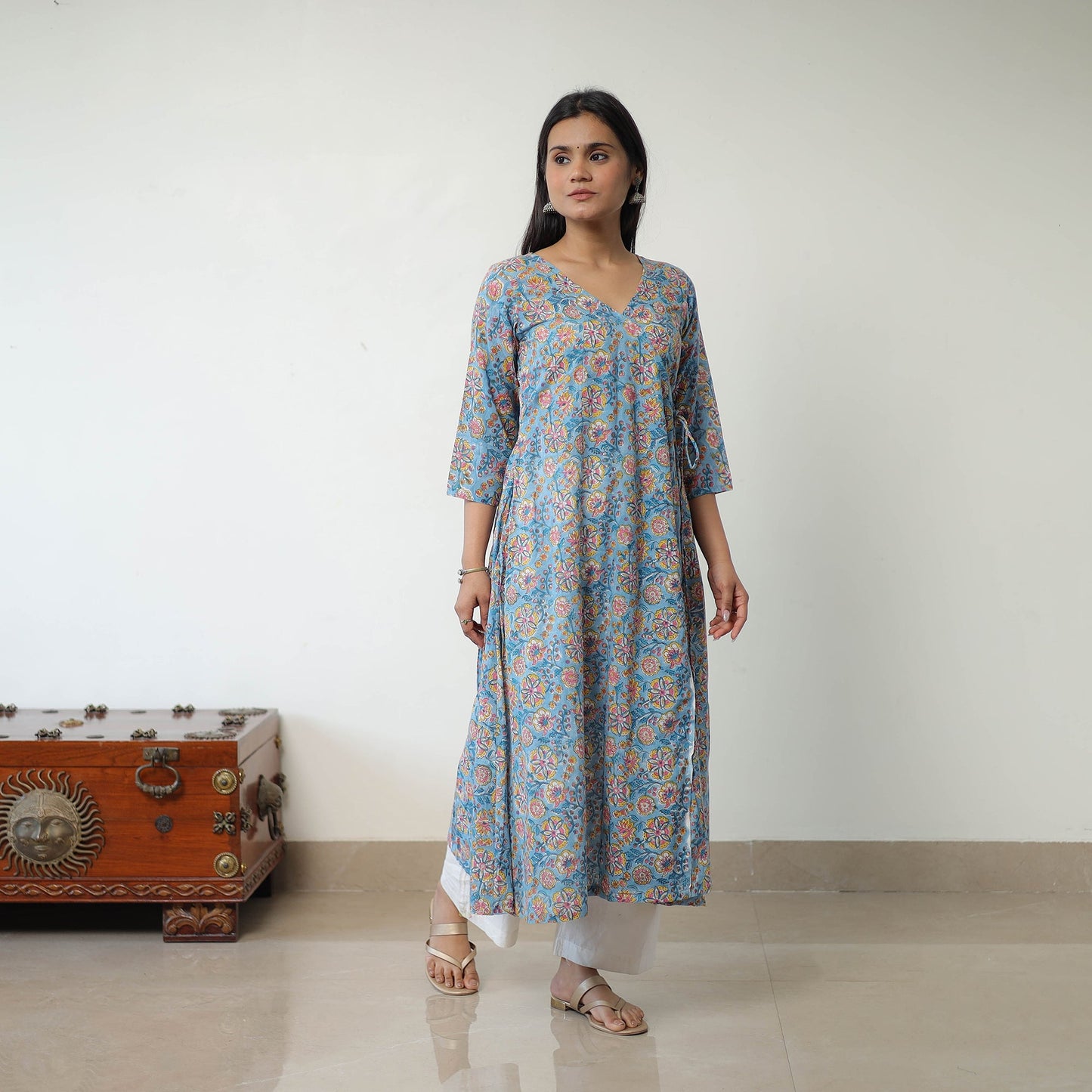  Blue Sanganeri Block Printed Mul Cotton A-Line Kurta for Women