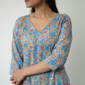  Blue Sanganeri Block Printed Mul Cotton A-Line Kurta for Women