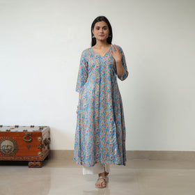  Blue Sanganeri Block Printed Mul Cotton A-Line Kurta for Women