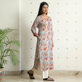 Buy Sanganeri Block Printed Mul Cotton Straight Kurta Online at iTokri.com