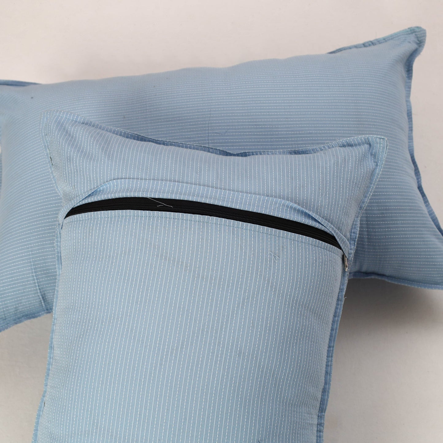 Set of 2 Light Blue Kantha Stitch Cotton Pillow Covers