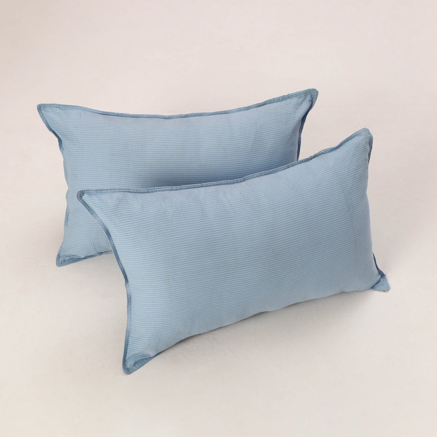 Set of 2 Light Blue Kantha Stitch Cotton Pillow Covers