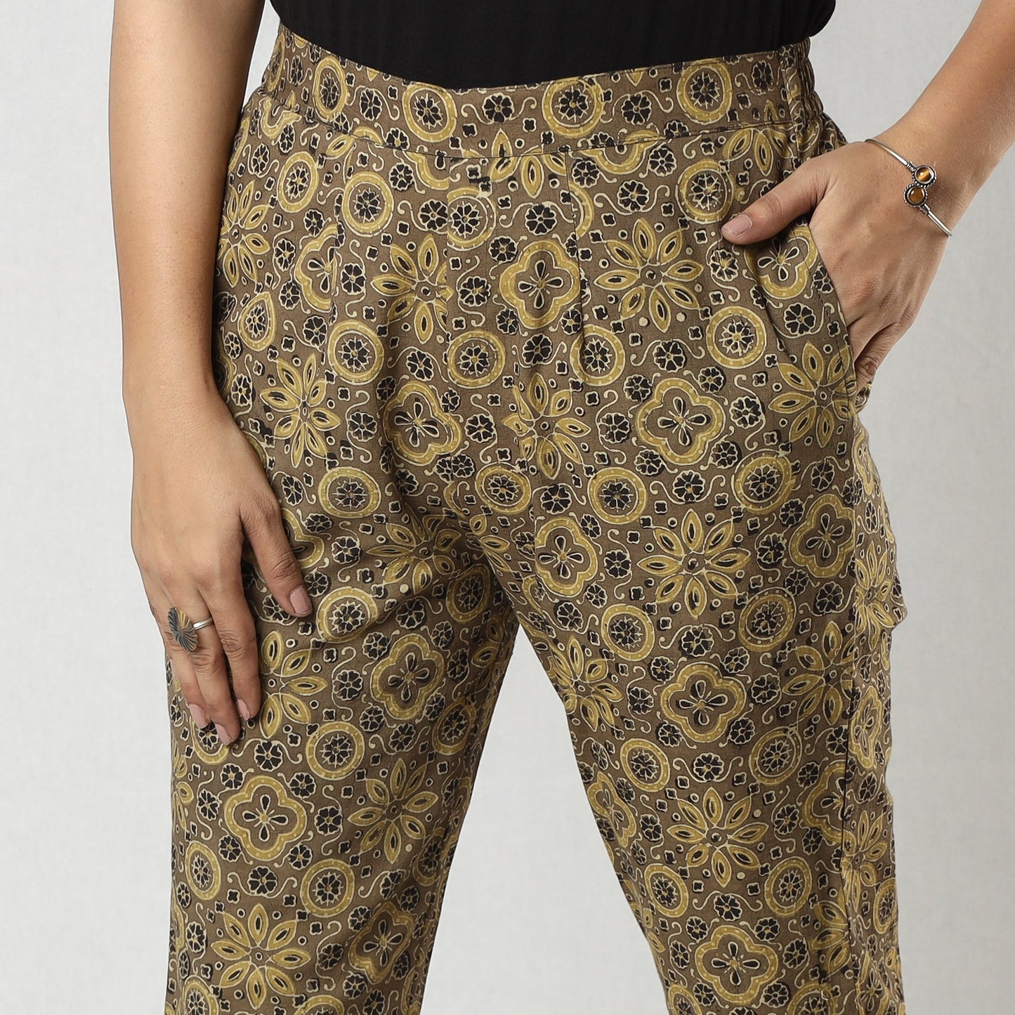Buy Light Brown Ajrakh Block Printing Cotton Tapered Casual Pant for Women Online at iTokri.com