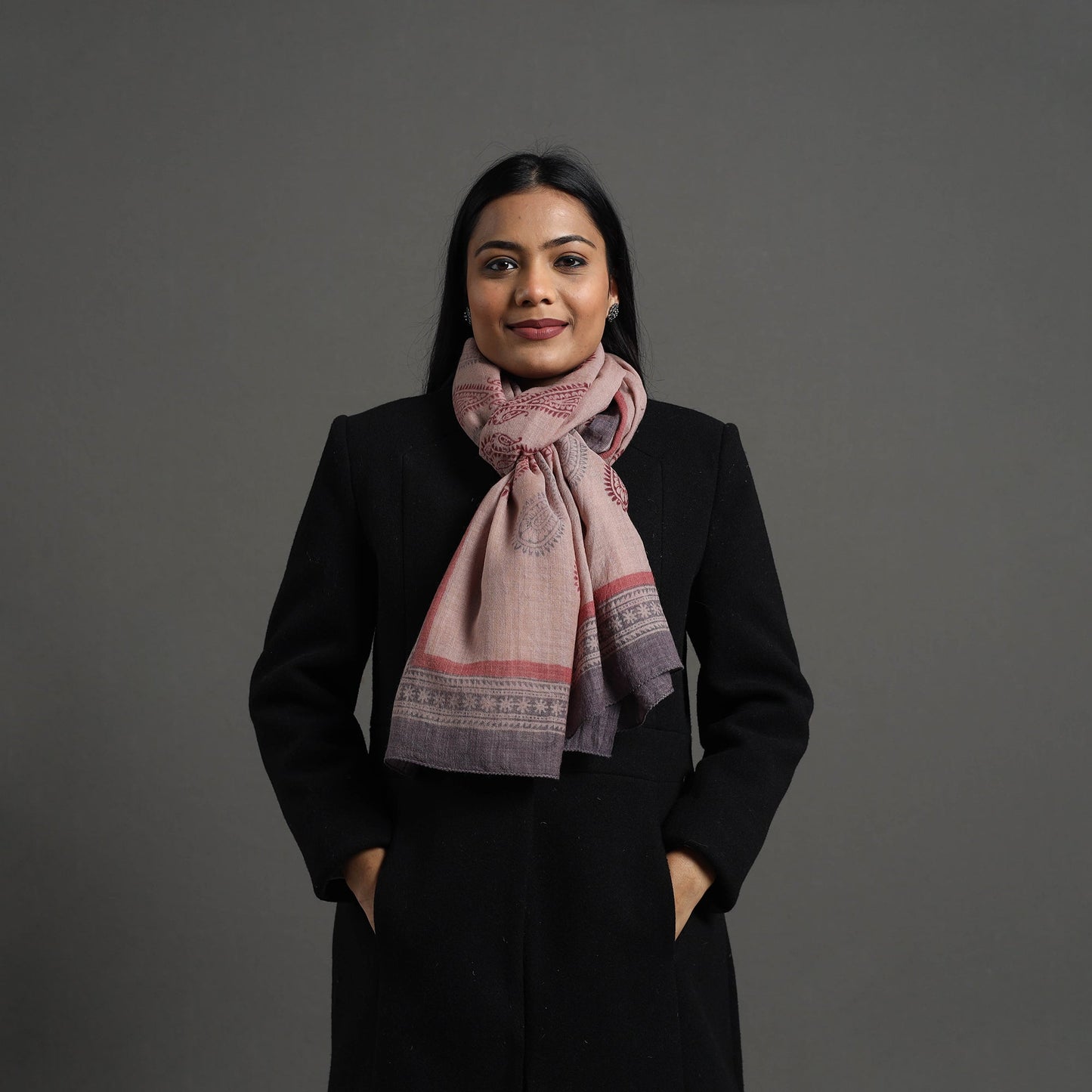 Light brown - bagh hand printed merino woollen stole 51