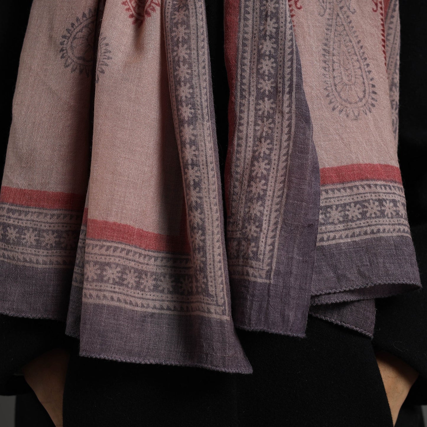 Light brown - bagh hand printed merino woollen stole 51