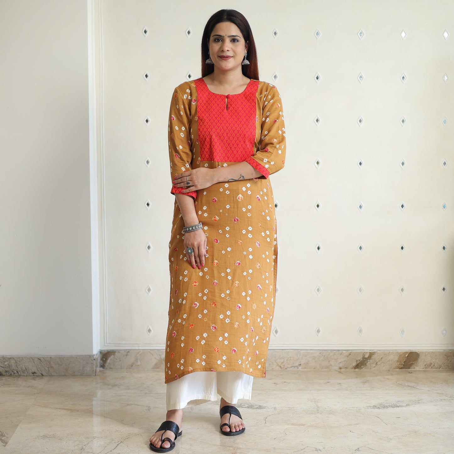 Buy Bandhani Tie-dye Cotton Long Straight Kurta for Women