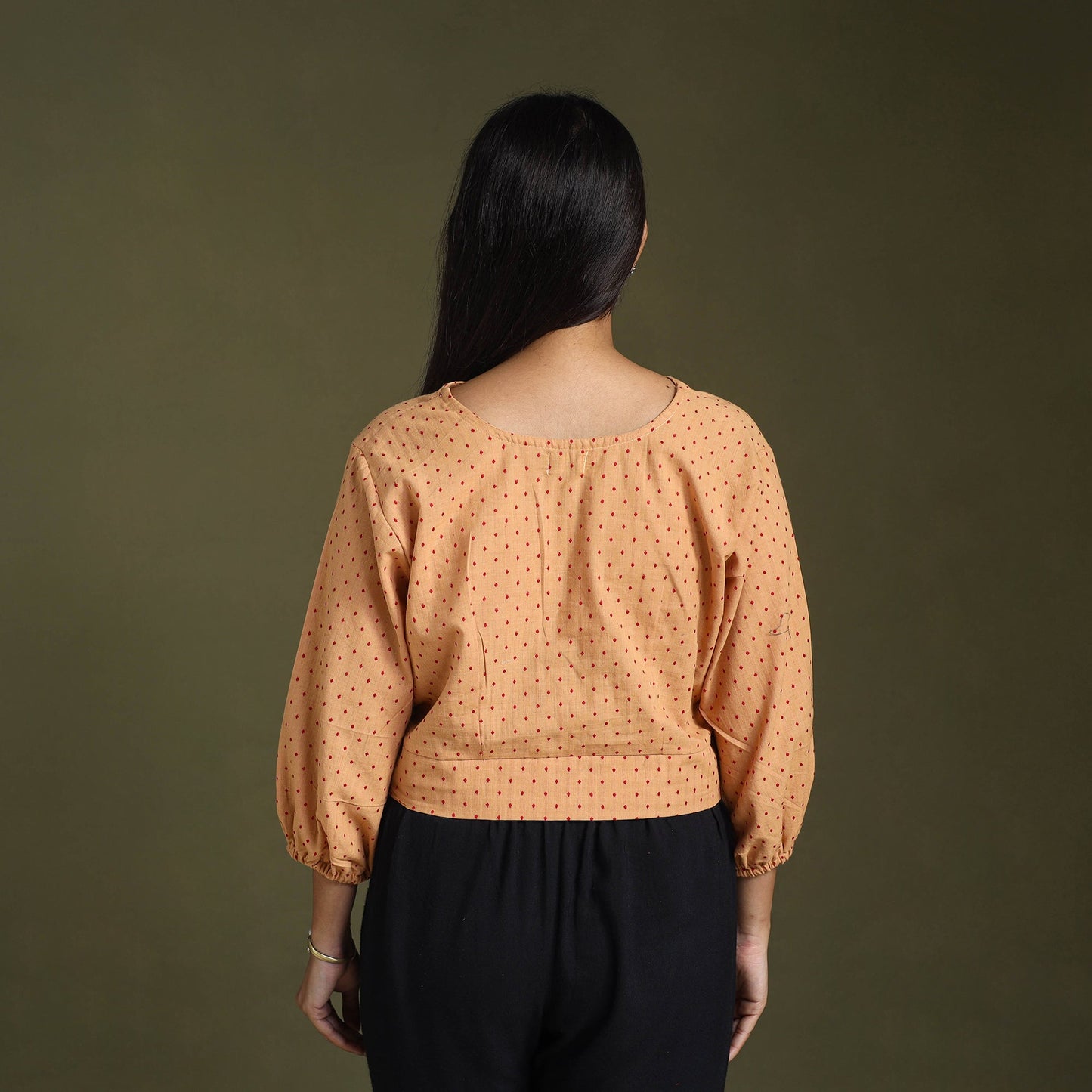  Light Brown Full Sleeve Cotton Jacquard Crop Top