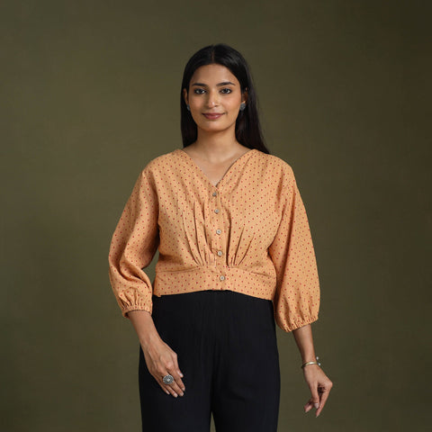  Light Brown Full Sleeve Cotton Jacquard Crop Top