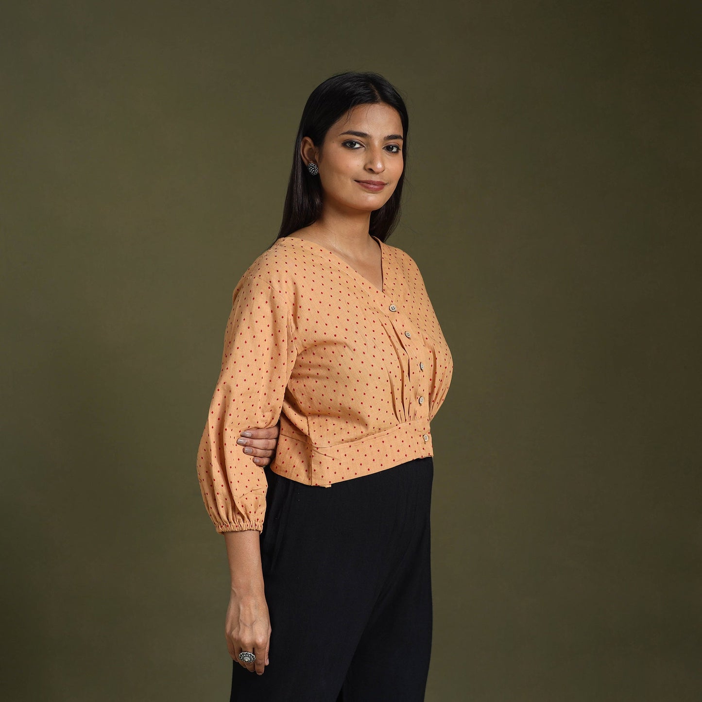  Light Brown Full Sleeve Cotton Jacquard Crop Top