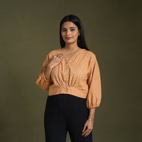  Light Brown Full Sleeve Cotton Jacquard Crop Top