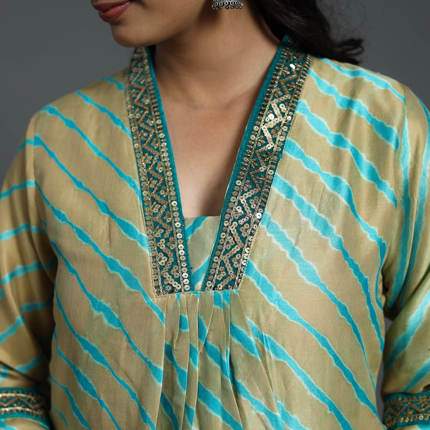Light Brown A-Line Handloom Chanderi Silk Tie-Dye Leheriya Kurta