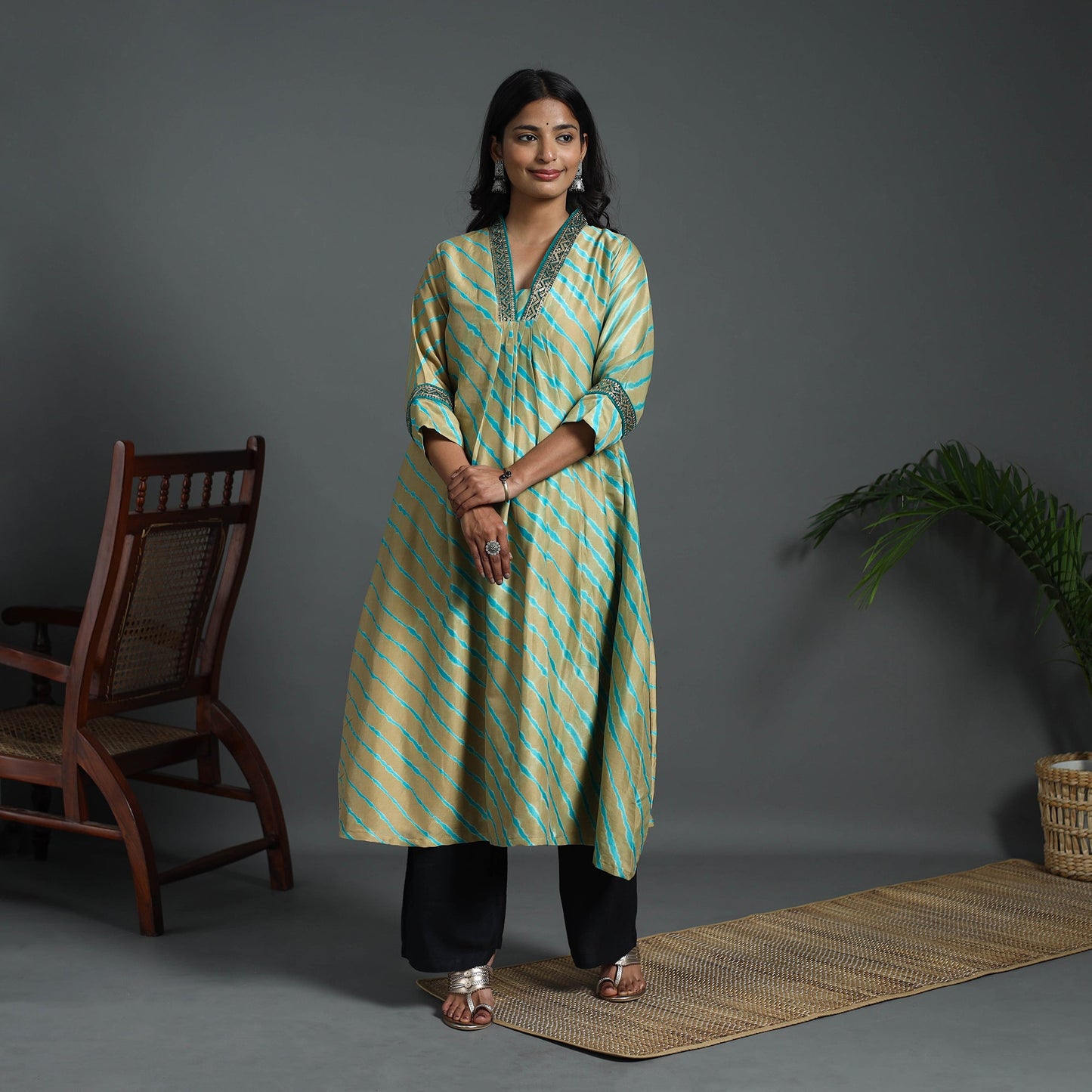 Light Brown A-Line Handloom Chanderi Silk Tie-Dye Leheriya Kurta