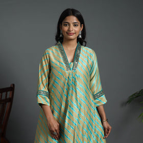 Light Brown A-Line Handloom Chanderi Silk Tie-Dye Leheriya Kurta