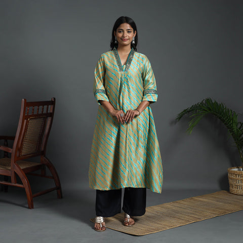 Light Brown A-Line Handloom Chanderi Silk Tie-Dye Leheriya Kurta
