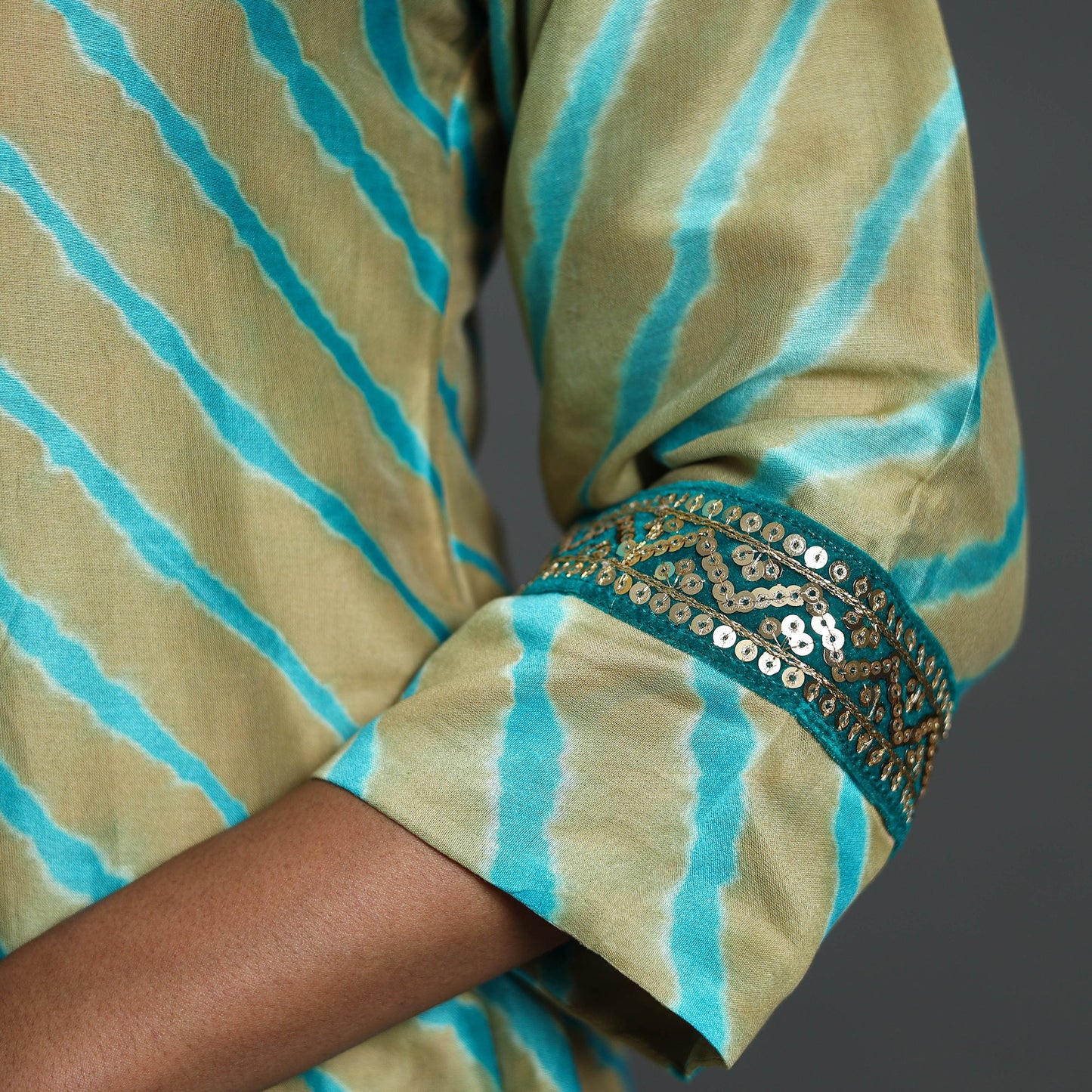 Light Brown A-Line Handloom Chanderi Silk Tie-Dye Leheriya Kurta