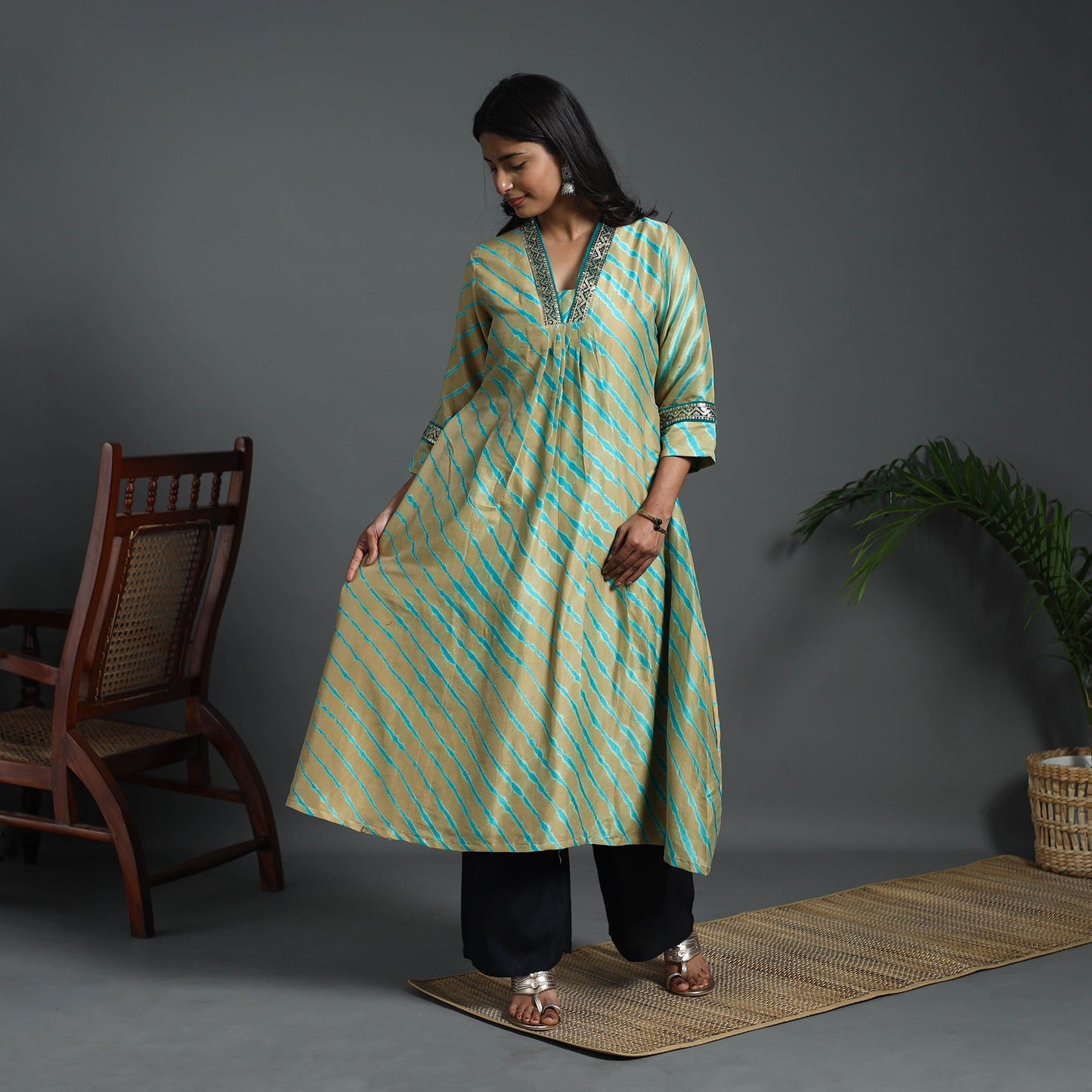 Light Brown A-Line Handloom Chanderi Silk Tie-Dye Leheriya Kurta