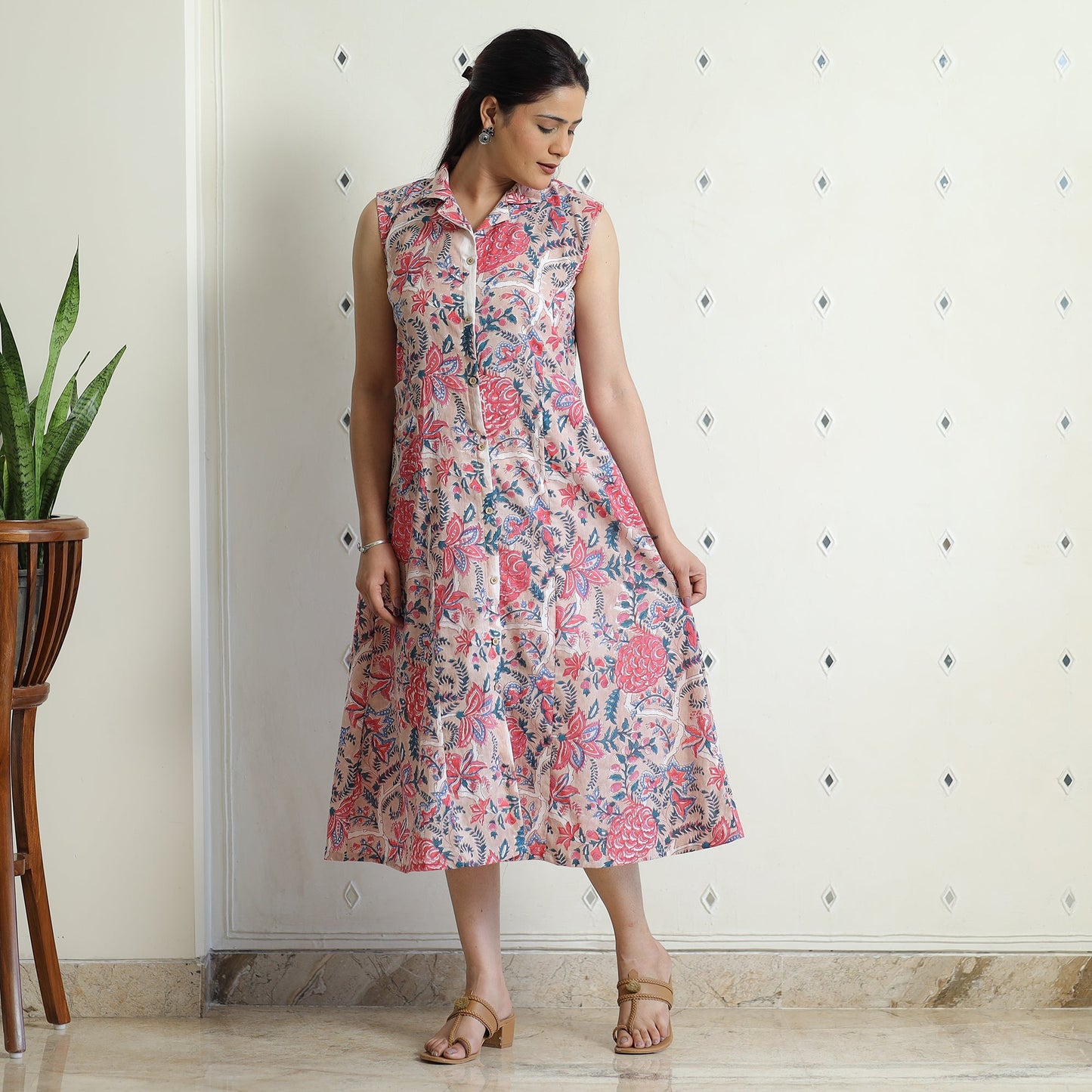  Sanganeri Block Printed Cotton Collared Neck Buttoned Down Dress Online at iTokri.com