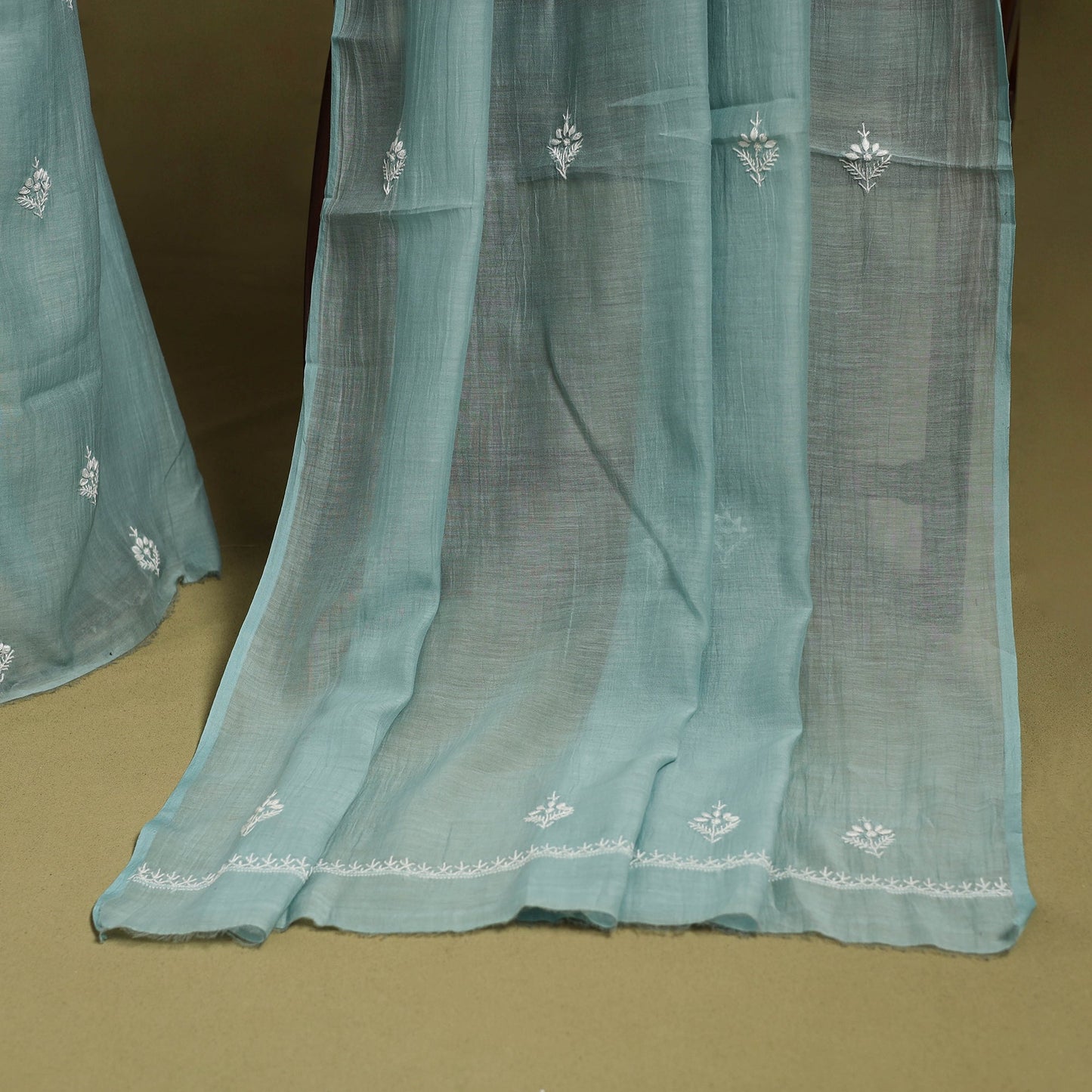  2pc Mul Chanderi Light Green Heavy Chikankari Dress Material