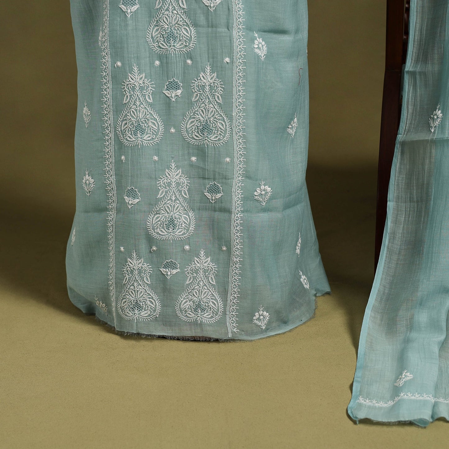  2pc Mul Chanderi Light Green Heavy Chikankari Dress Material