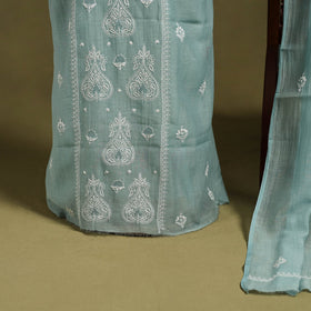  2pc Mul Chanderi Light Green Heavy Chikankari Dress Material