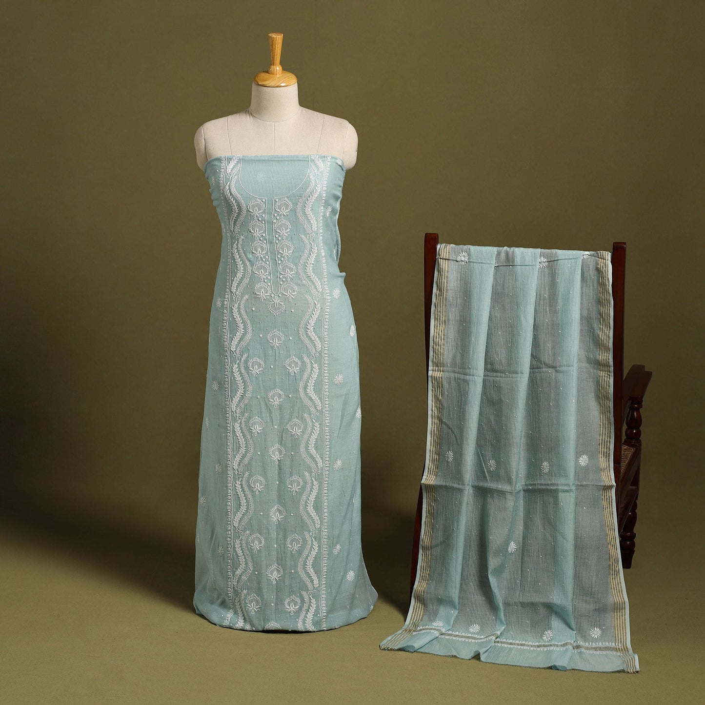 2pc Light Green Mul Chanderi Semi Stitched Heavy Chikankari Kurta Set