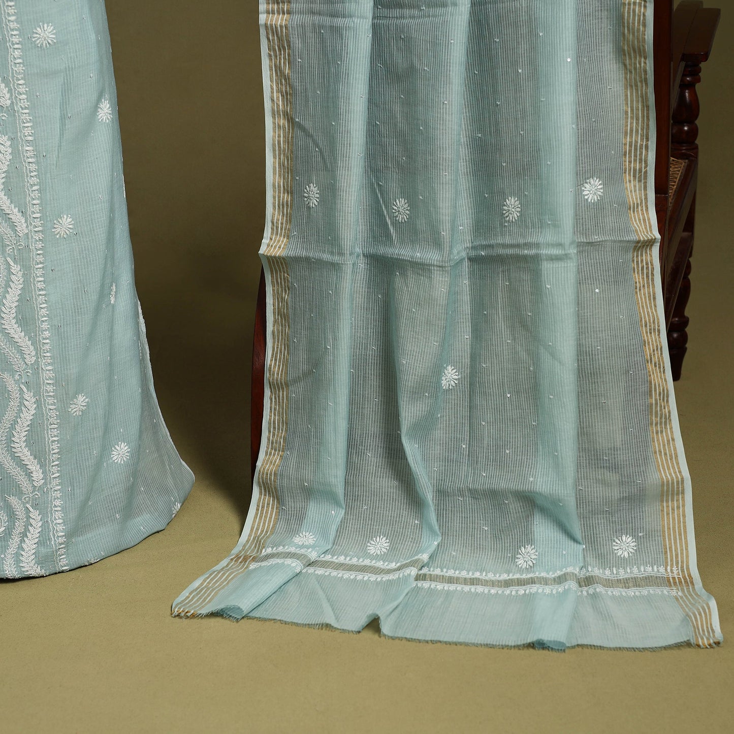 2pc Light Green Mul Chanderi Semi Stitched Heavy Chikankari Kurta Set