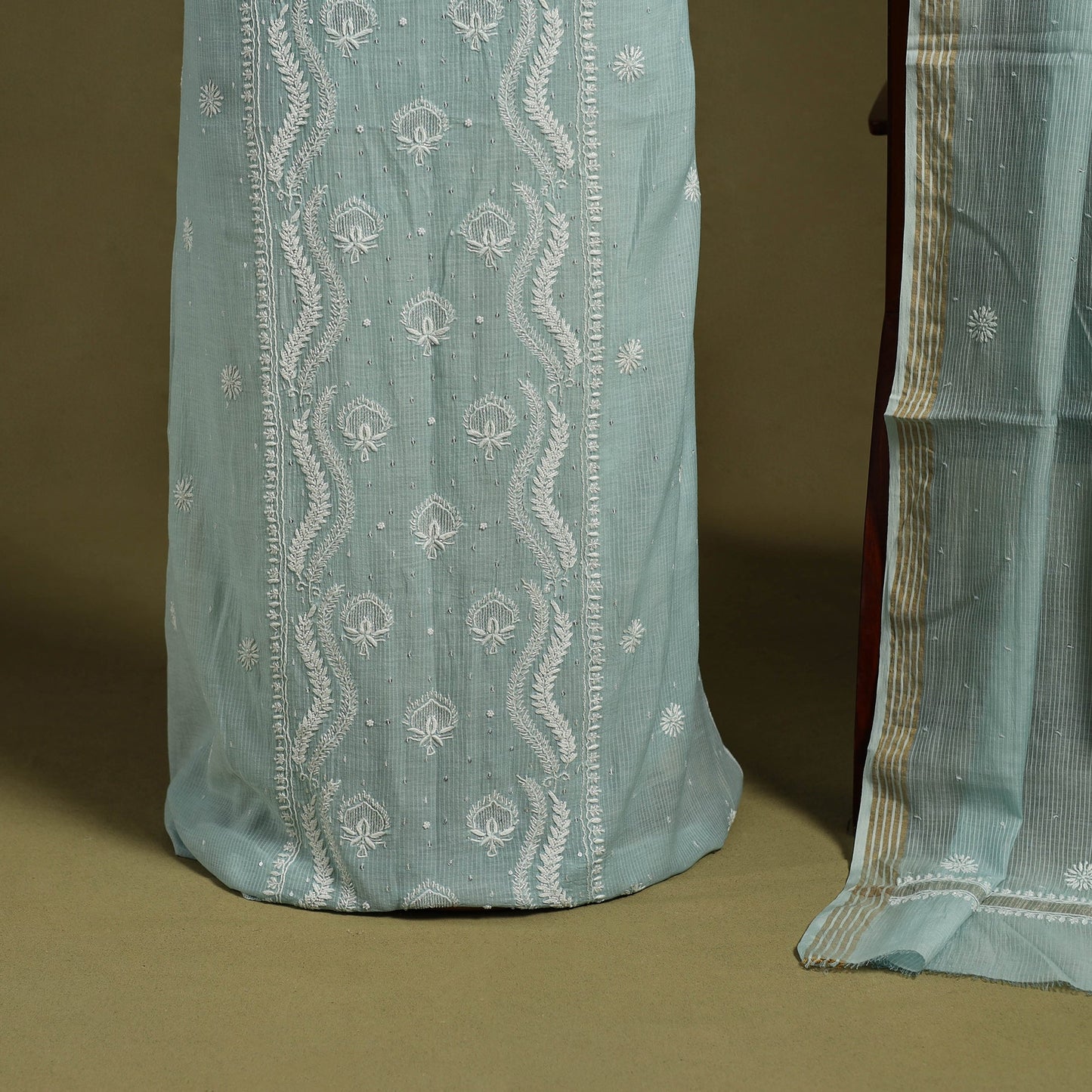 2pc Light Green Mul Chanderi Semi Stitched Heavy Chikankari Kurta Set