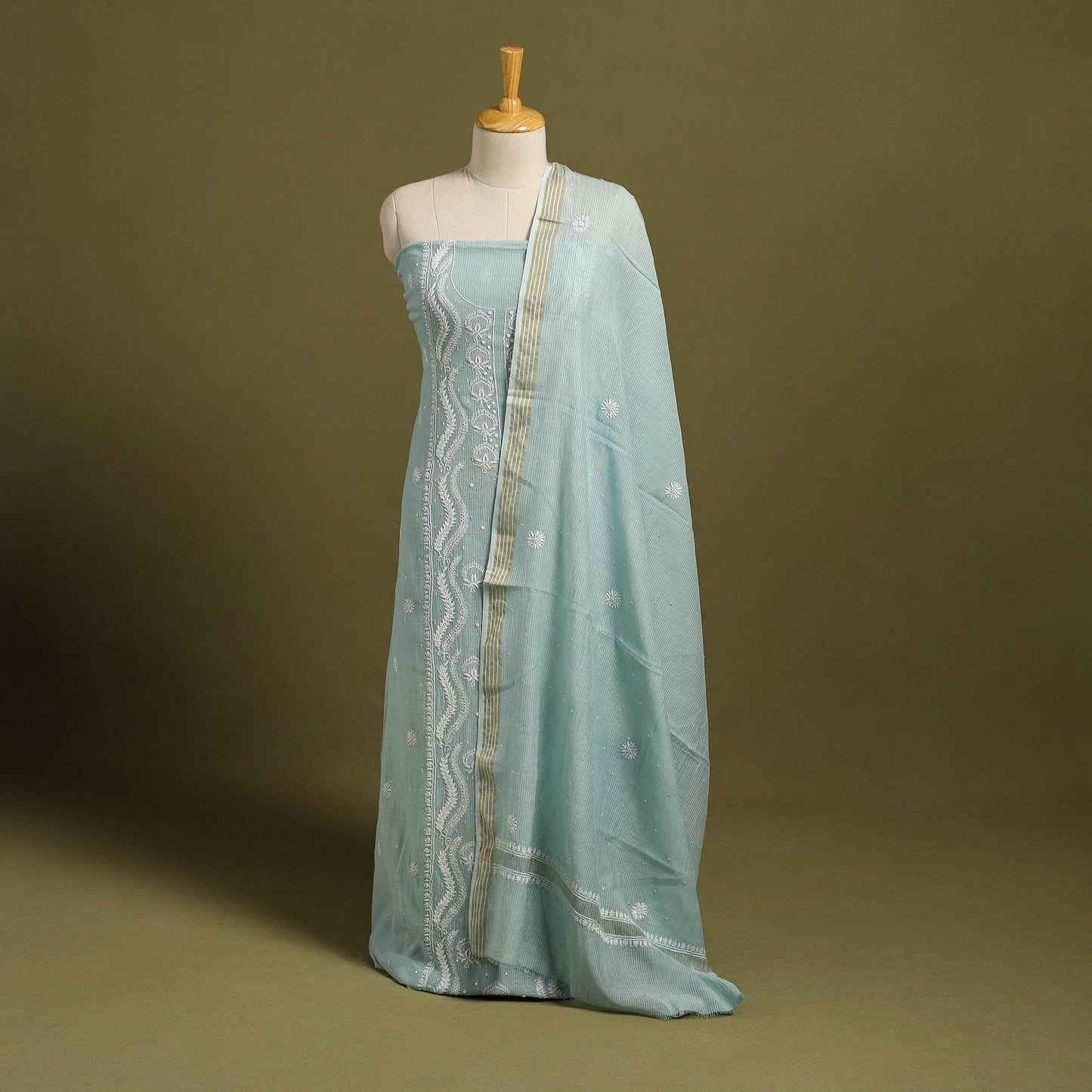 2pc Light Green Mul Chanderi Semi Stitched Heavy Chikankari Kurta Set