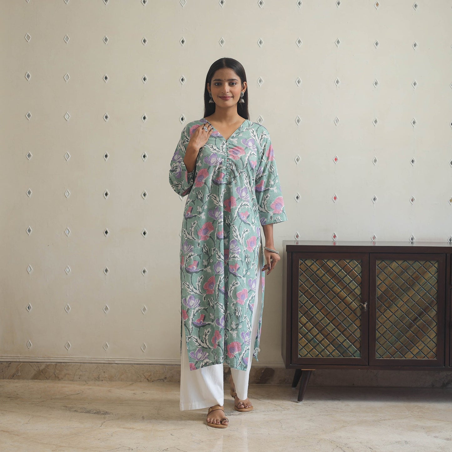 Light green - cotton straight sanganeri kurta 05