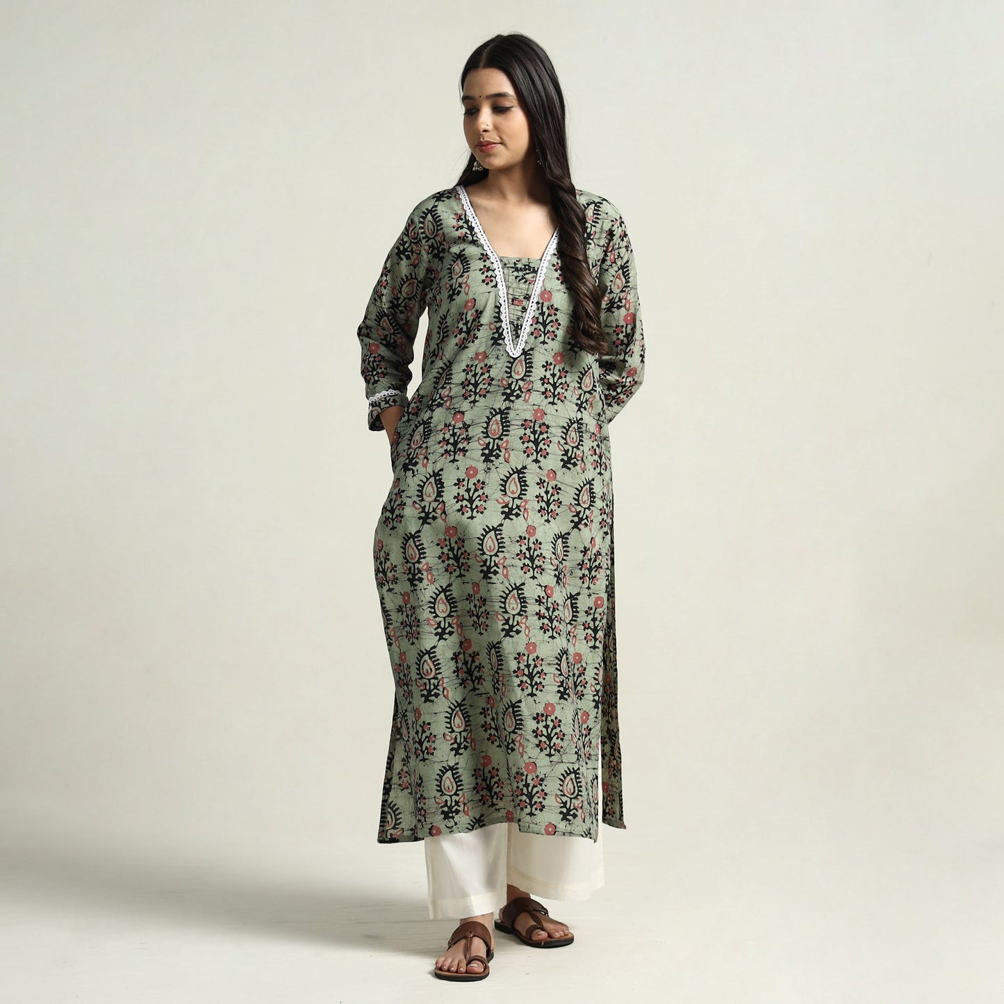 Light green - hand batik printed cotton straight kurta